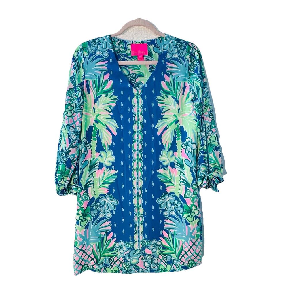 Lilly Pulitzer Womens Blue Green Tropical Print Tunic Dress Shirt XS Ties
